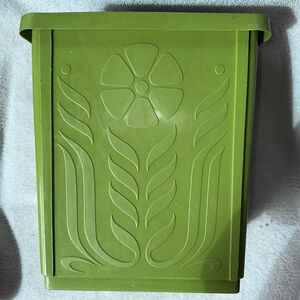 Vintage Retro MCM Avocado Green Flower Wastebasket Garbage Trash Can Floral